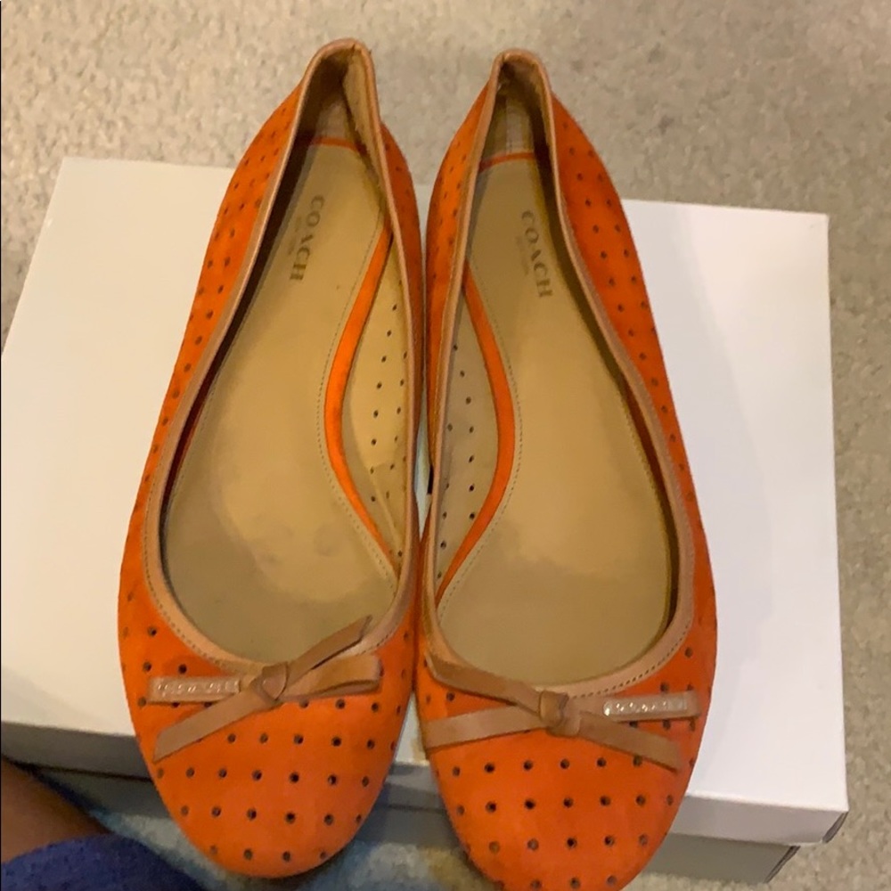 Coach Orange Suede Flat with tan leather trim